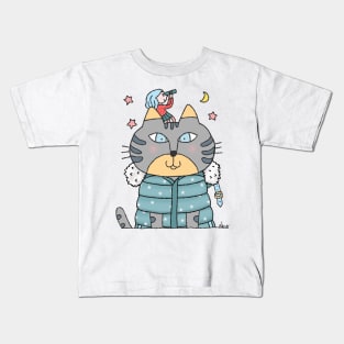 Gray Cat In Puffy Coat with a Pretty Stargazer on Head Kids T-Shirt